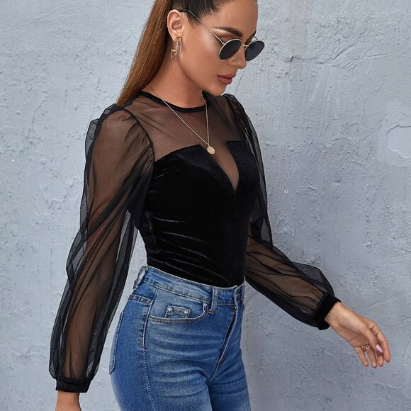 Black Preppy Womens Keyhole Back Mesh Lantern Sleeve Top - Picture 5 of 5